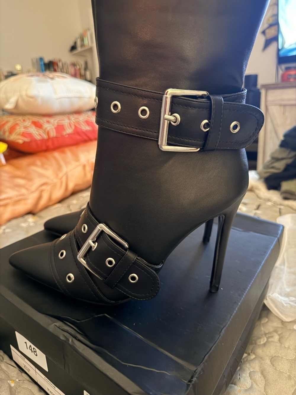 Black Stiletto Buckle Ankle Boots - Women